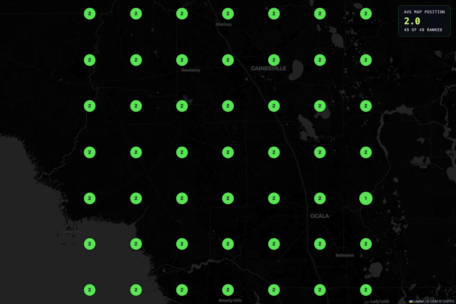 Google Maps geo-grid showing rank position 2 across a 49-point grid around Williston and Gainesville