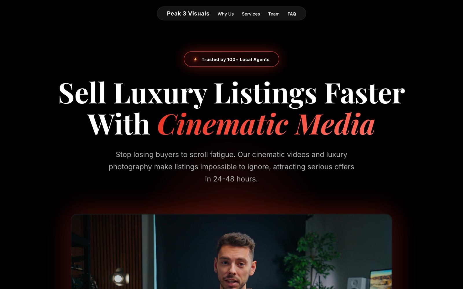 Peak 3 Visuals booking funnel landing page, dark theme